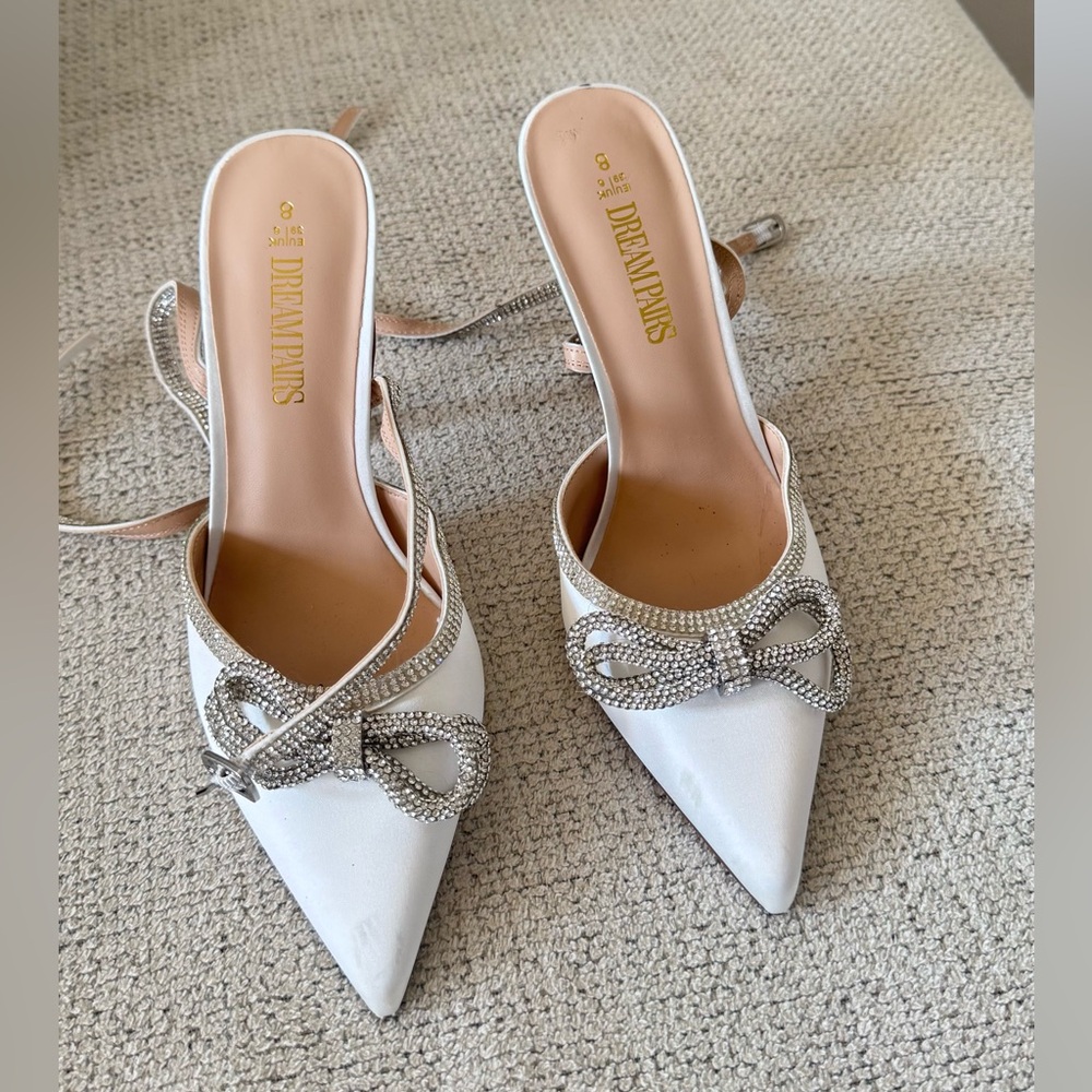 Dream Pairs White Pointed Slingback Heels with Rhinestone Bow Accent